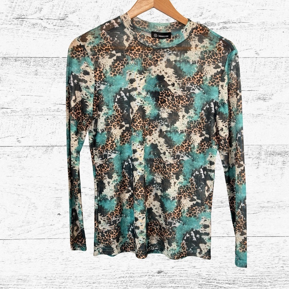 Blue and Brown Fitted Long Sleeve Blouse